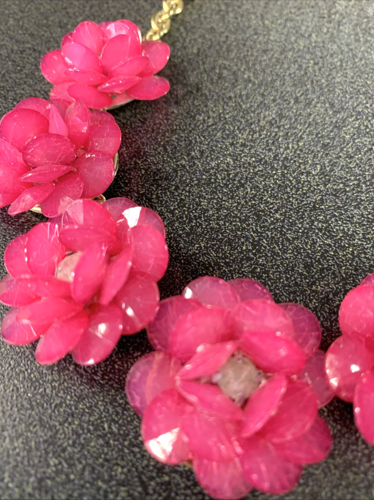 Womans Floral Necklace Pink Fuchsia Flowers and Clear Stones Gold Tone