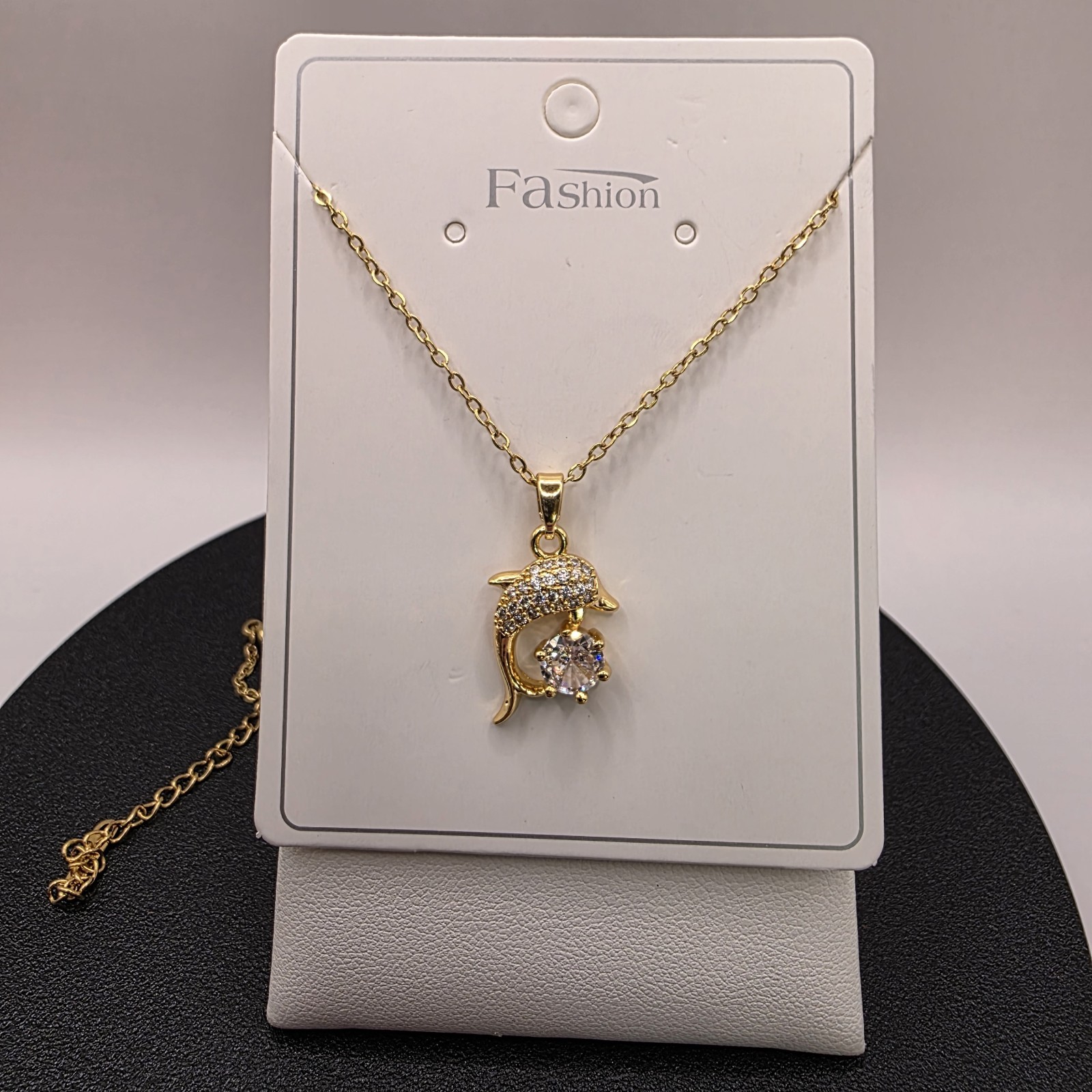 Stainless Steel Fashion Necklace 19mm Dolphin& 6mm CZ Copper Plated Length 16″