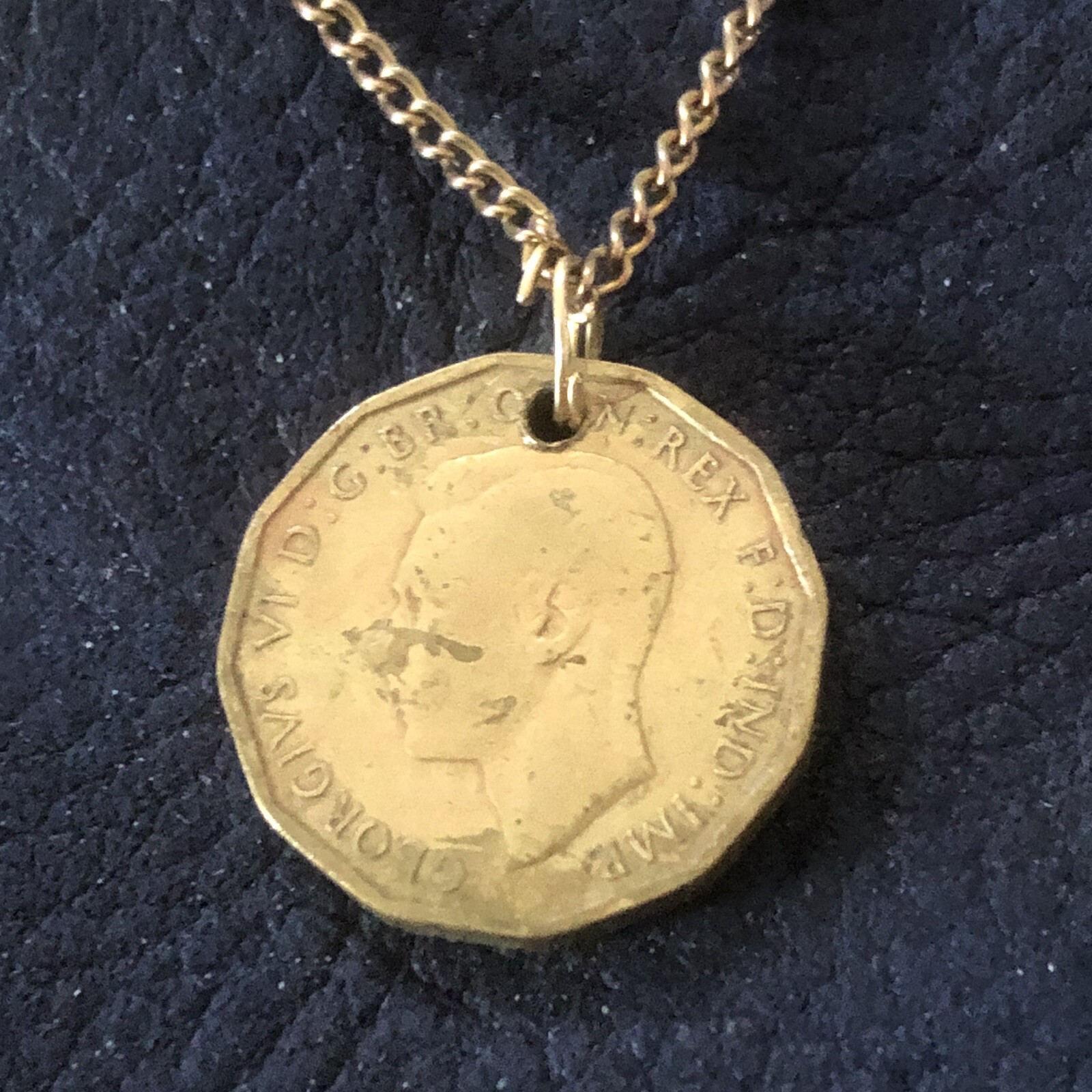 Vintage 1943 Three Pence Coin Pendant London King George VI WWII Necklace