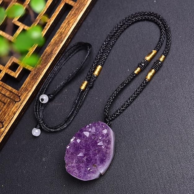 Genuine Raw Amethyst Geode Cluster Pendant Necklace Spiritual Crystal Necklace