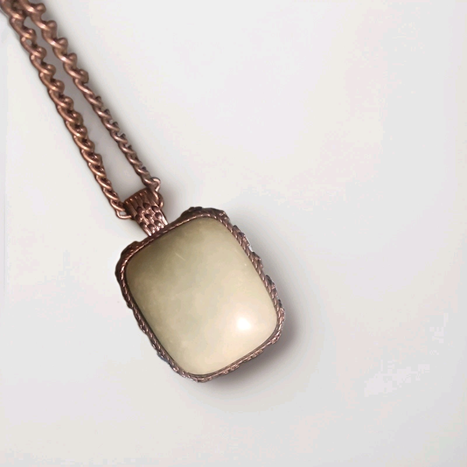 Copper Tone Cable Chain Necklace w/ Square Pale Green Pendant, Lobster Clasp