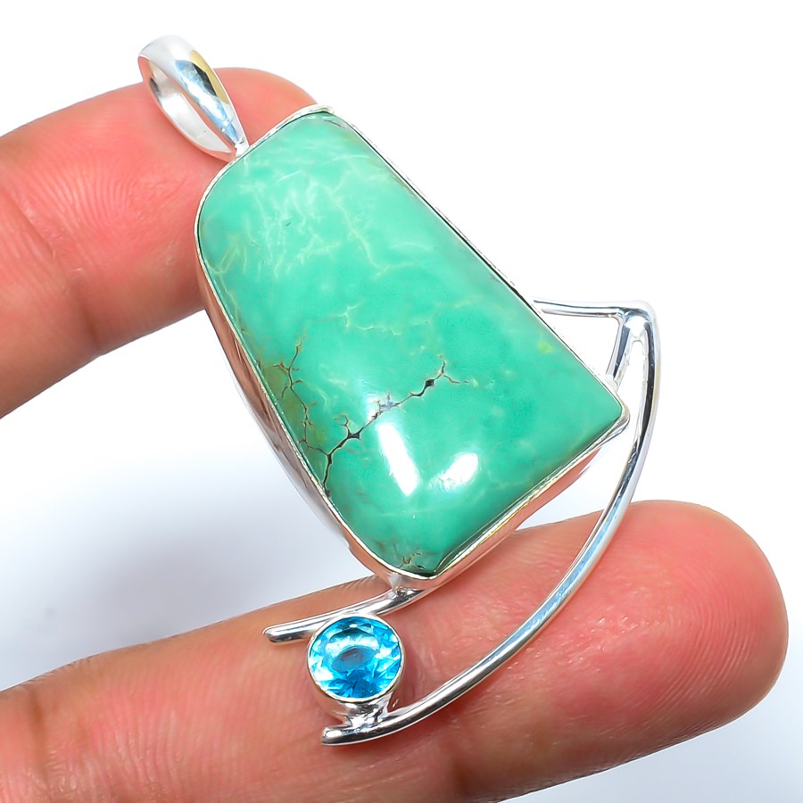 Turquoise – Tibetan & Blue Topaz Gemstone 925 Silver Plated Pendant 1.95″ T49
