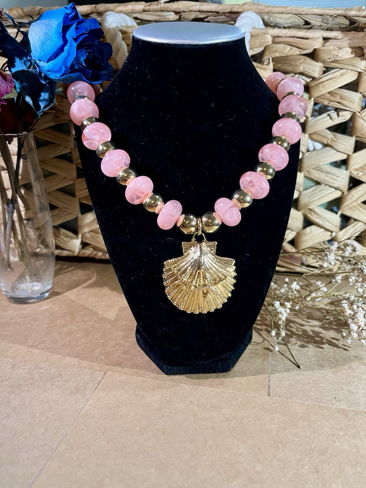 Pink Beaded Ball Chain Necklace w/ Gold Tone Shell Charm Pendant and Earrings
