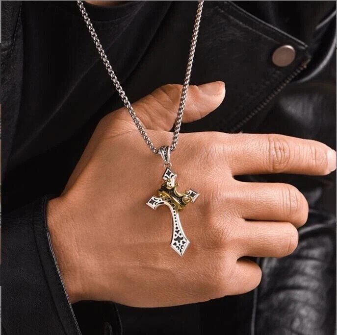 Mens Stainless Steel Cross Necklace with Gold Crown Pendant Christian Jewelry