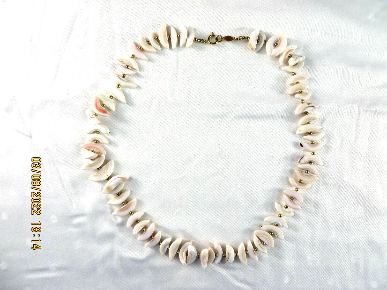 FREIRICH NWOT Natural Shell White 1/2 Moon-Crescent Gold Tone Balls 10″ Necklace