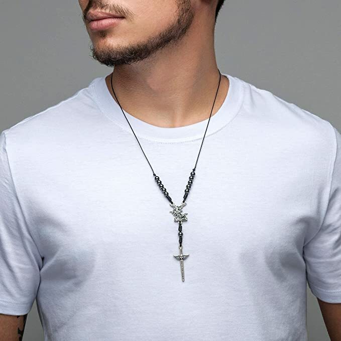 St Michael Catholic Necklace Black Hematite Beads 18″ Men Women Silver Brazil