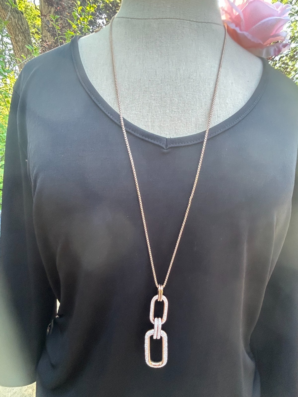 MICHEL KORS Iconic Links Rose Gold Long Pendant Necklace Pave Crystal MKJ6964791
