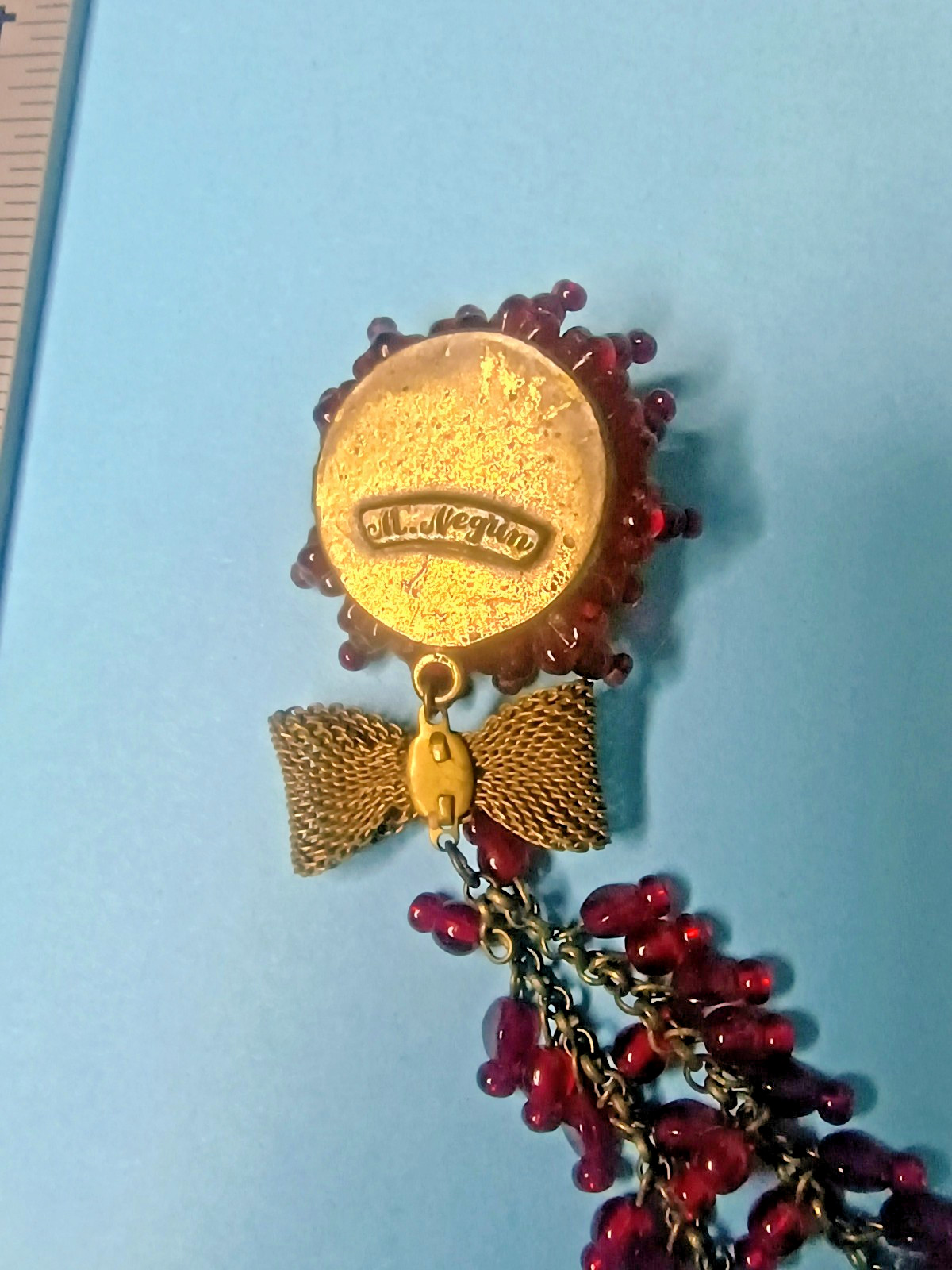 MICHAEL NEGRIN VICTORIAN REVIVAL BRASS GARNET BEADS ROSE PENDANT NECKLACE