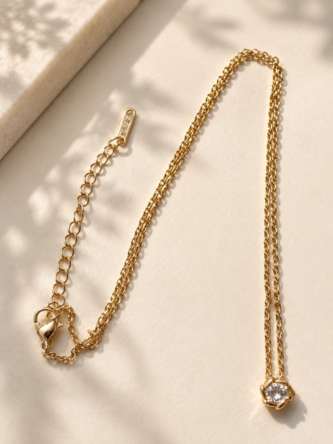 Yellow Gold Plated Cable Chain Necklace Round White CZ Prong Charm Adjust