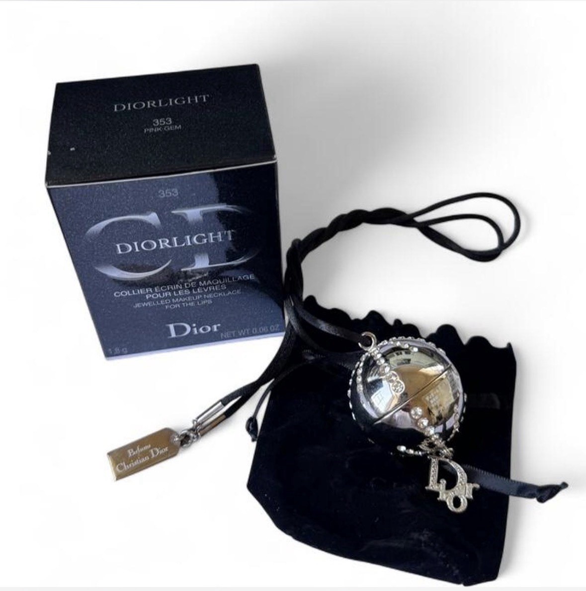 Christian Dior Diorlight Jeweled Necklace Lip Gloss #353 Pink Gem Pouch & Box