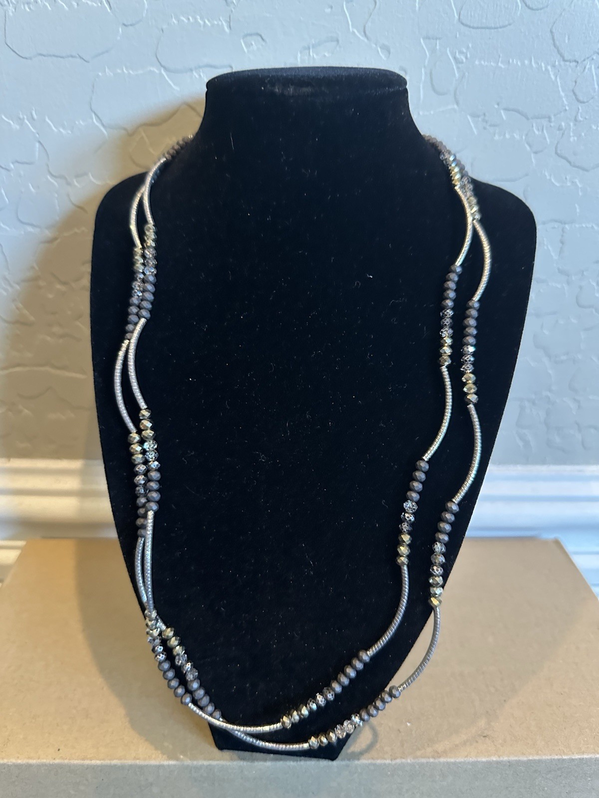 Silver Tone Layered Multi-Strand Snake Chain Necklace w/ Gray Beads