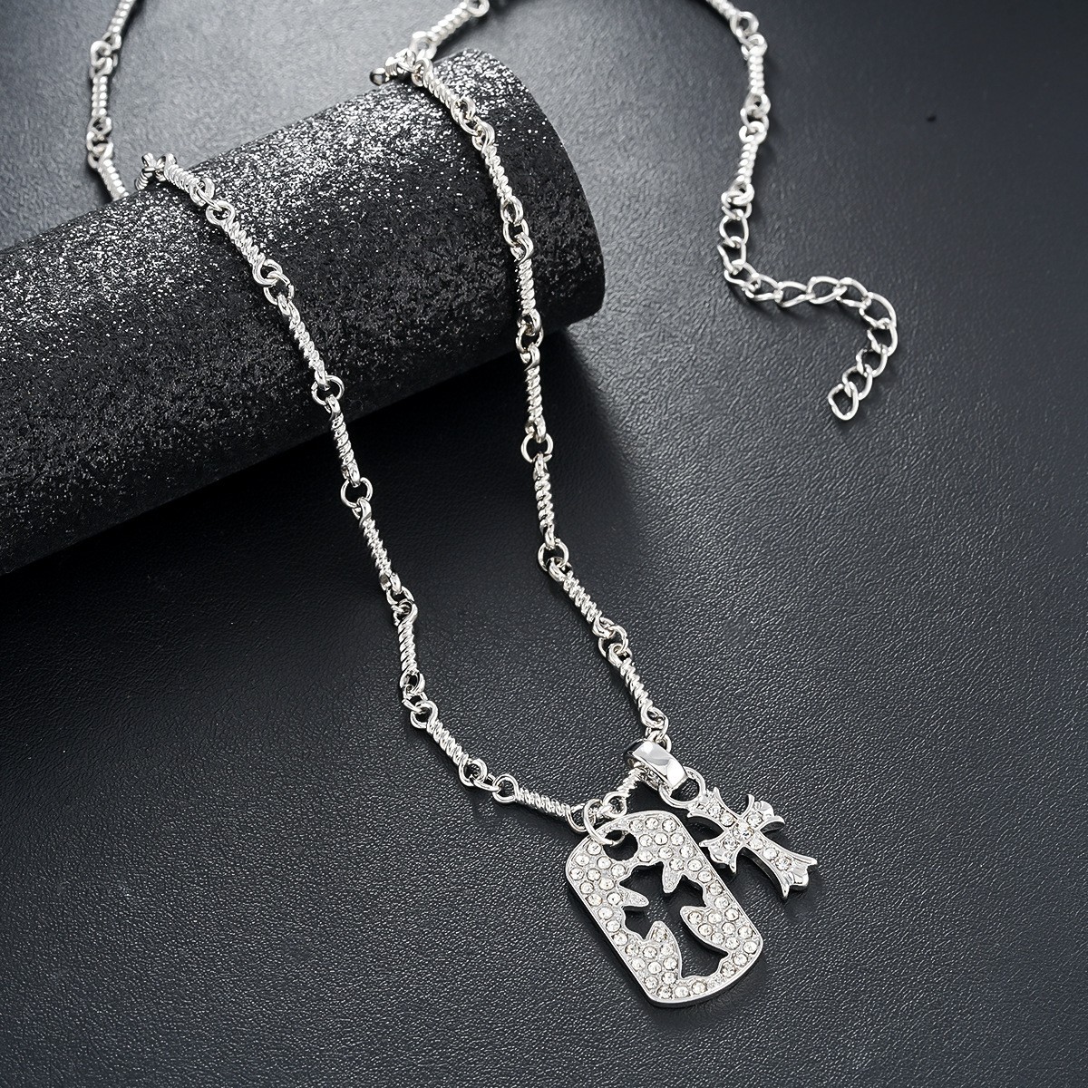 Gold Silver Plated Cutout Cross Dog Tag Pendant Wheat Chain Bling Necklace