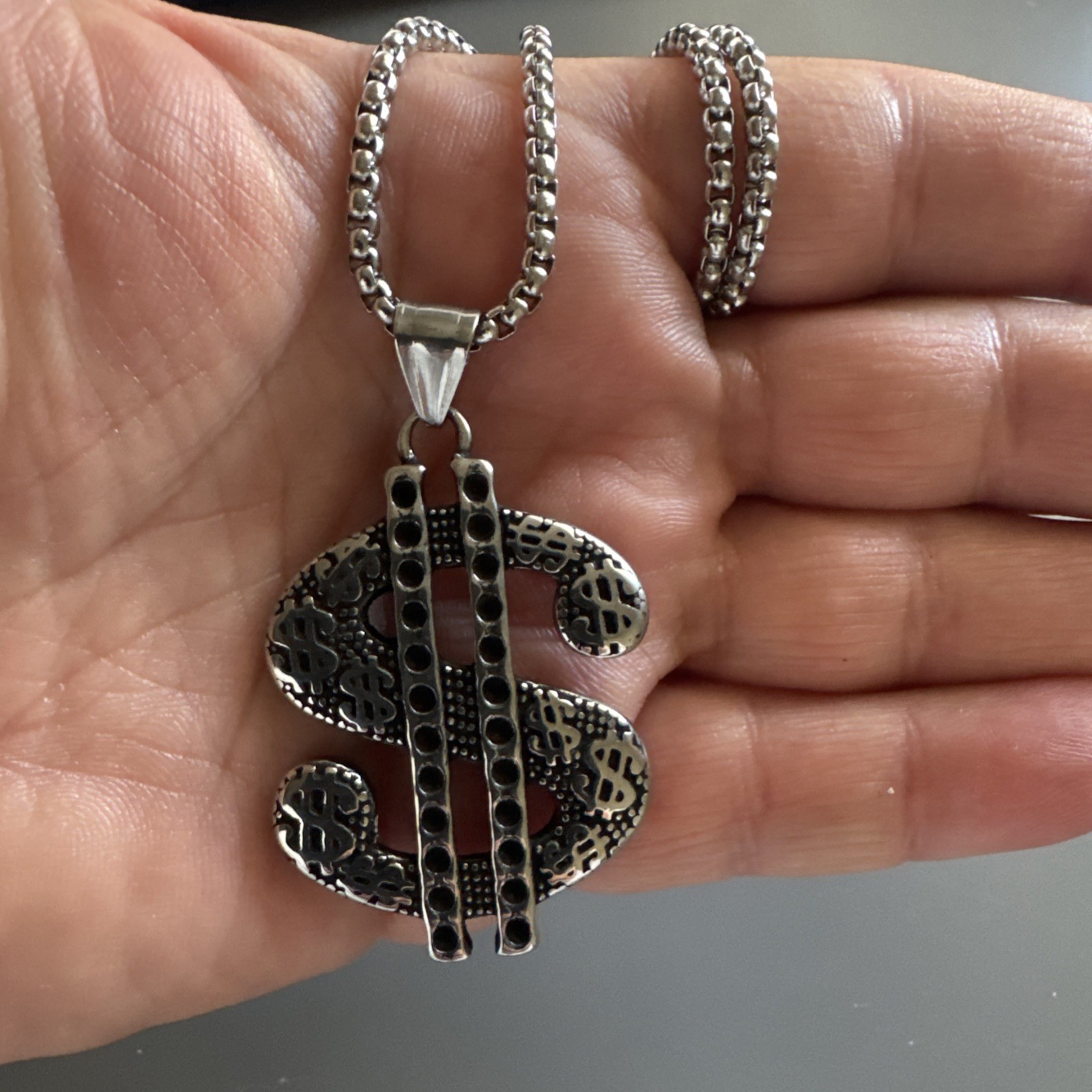 Dollar Sign Stainless Steel Pendant 24 Inch Box Chain Money Gift Hip Hop Trendy