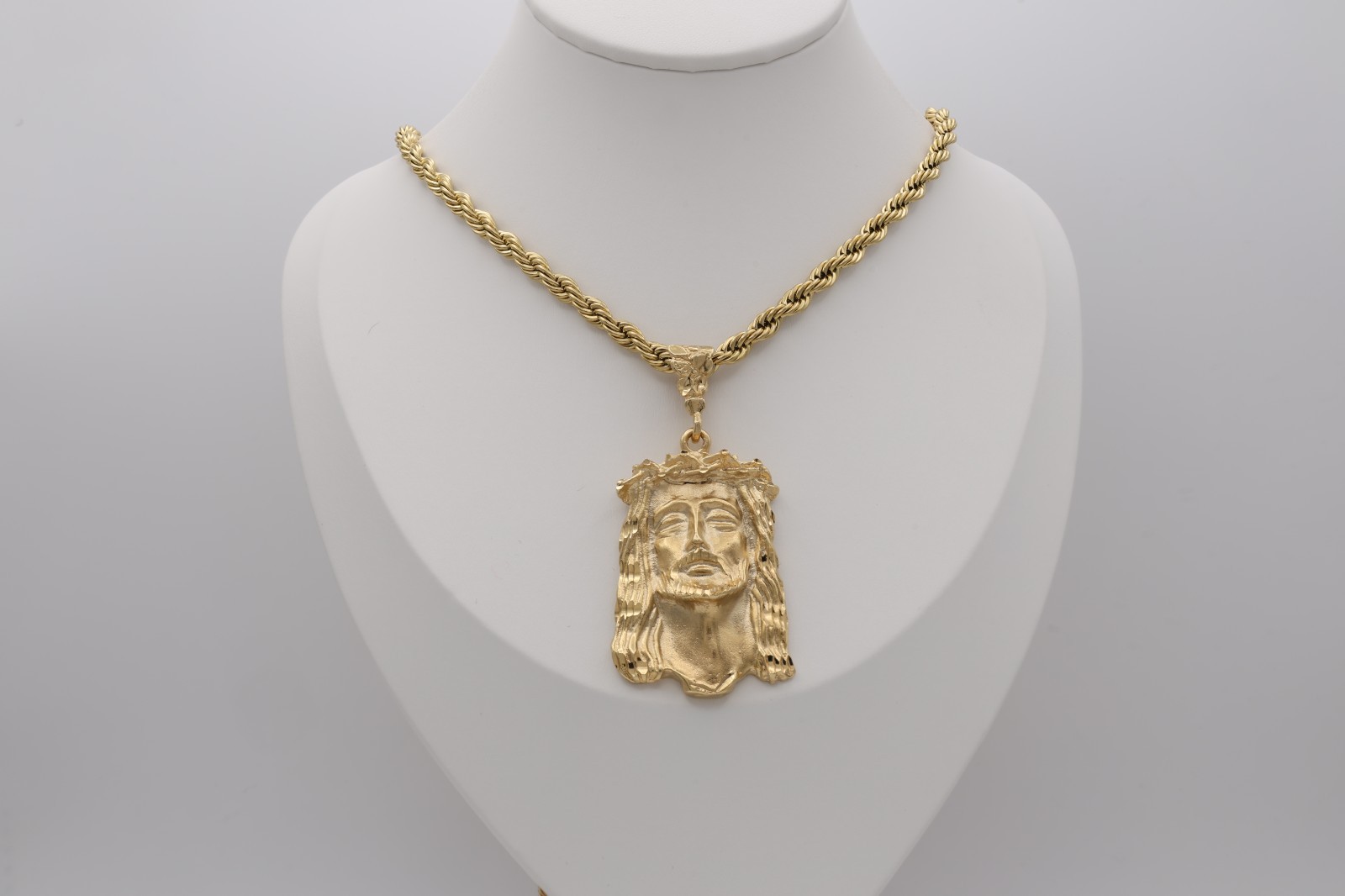 Large Jesus Pendant Necklace, 5mm French Rope Chain, 14k Heavy Gold Plated