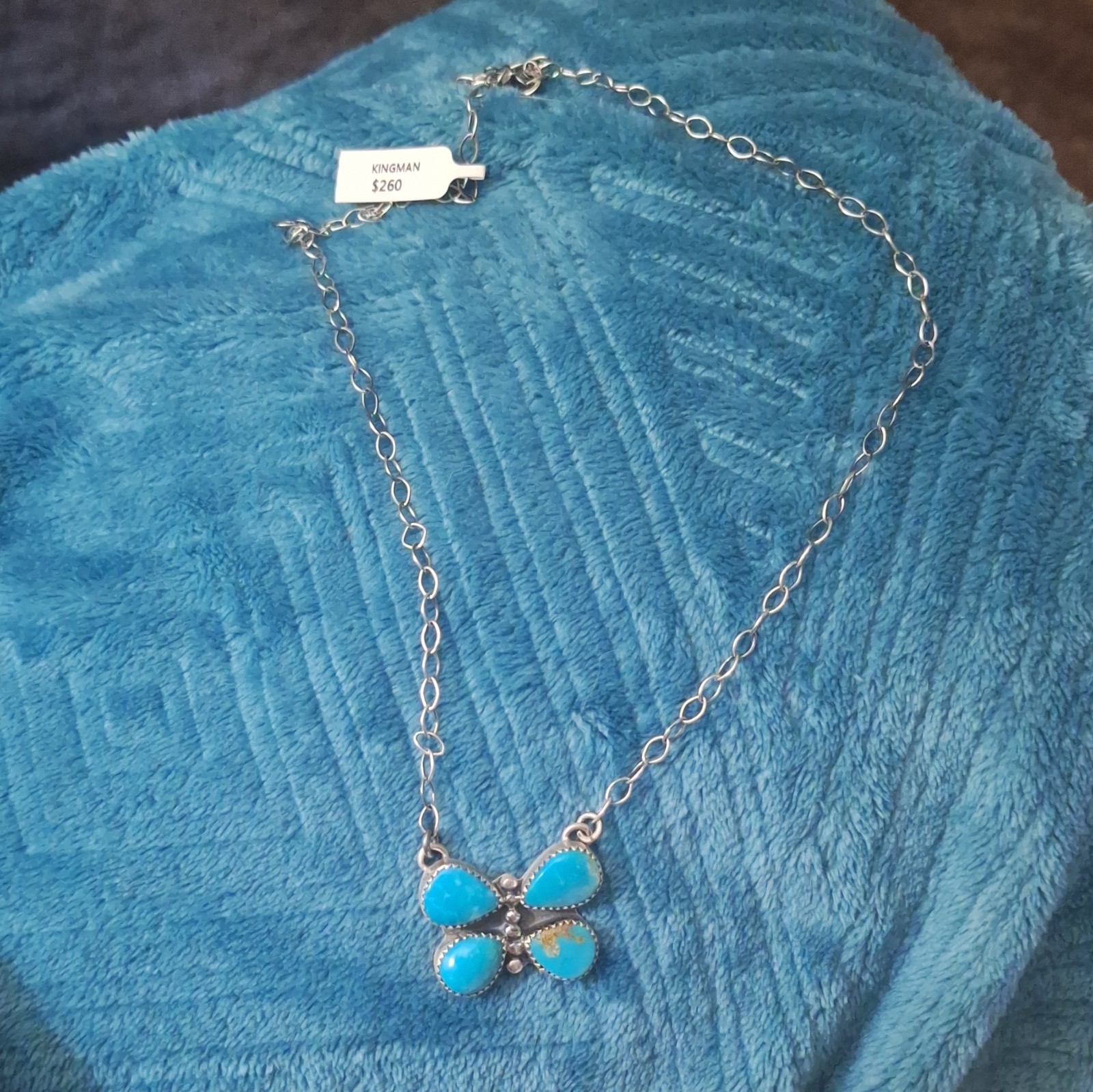 Turquoise Butterfly Charm Pendant Necklace. Kingman Stone. Link Adjustable