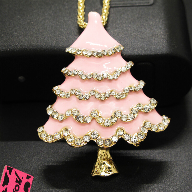 Hot Fashion Women Pink Enamel Christmas Tree Crystal Pendant Chain Necklace