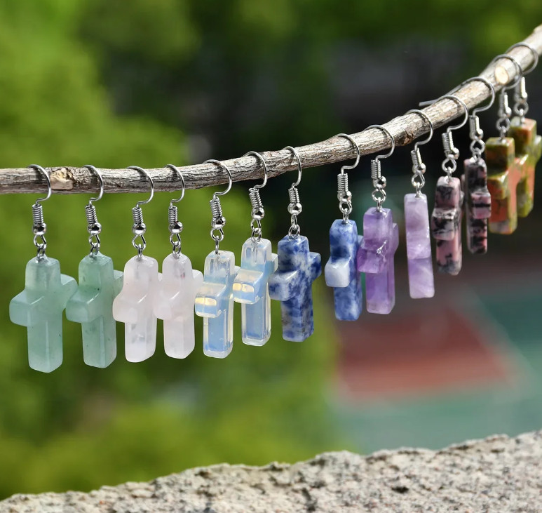 10 Pairs 24x18mm Natural Mixed Gemstone Cross Pendant Beads Earring