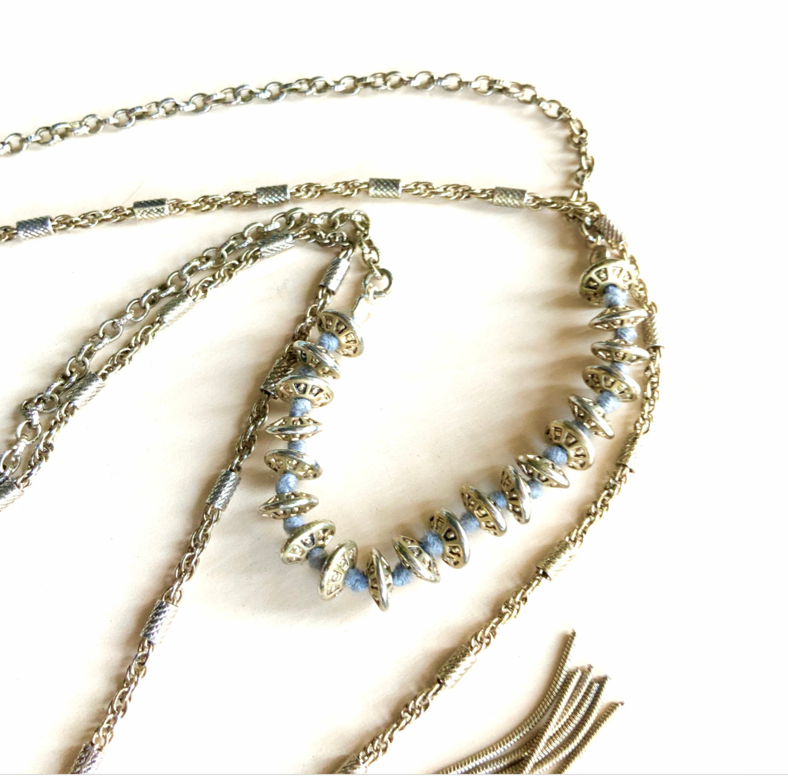Vintage tassel necklace ST. THOMAS rhinestone antiqued gold multi strand layered