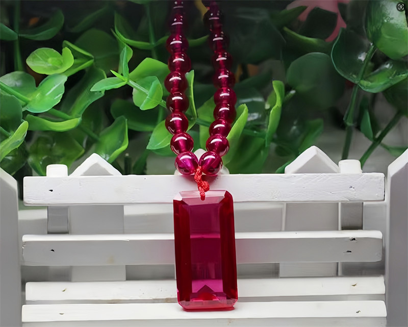 Top Quality Round Bead Red Ruby Lab-Created Beaded Necklace Emerald Cut Pendant
