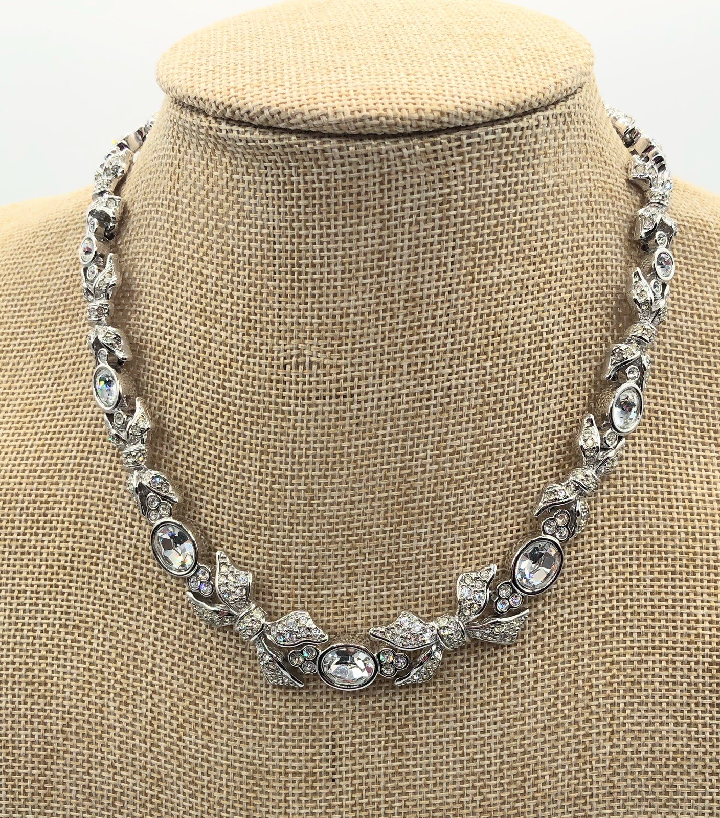 Swarovski Crystal Necklace Silver Rhodium Plated Statement Choker Bows Bezel Set