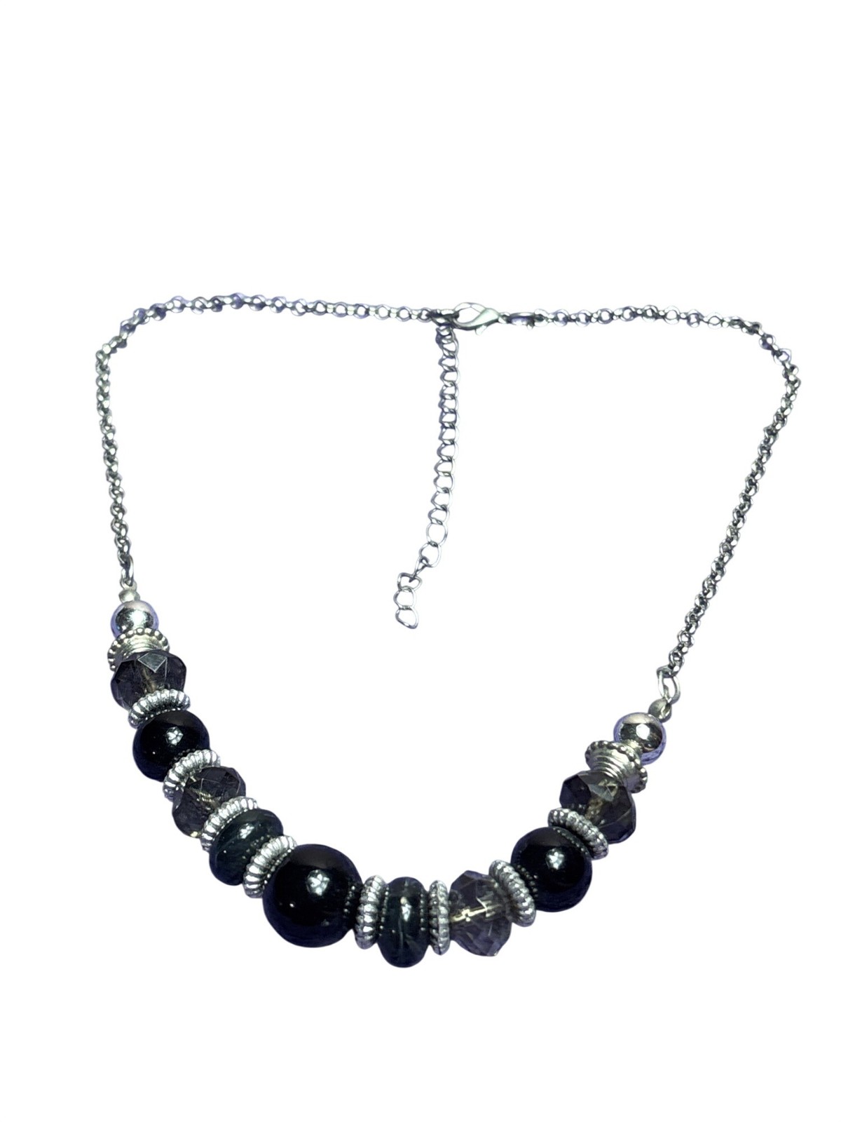 Grey black Plastic Beaded Silvertone Chain Necklace Lobster Clasp 15 – 18 inch