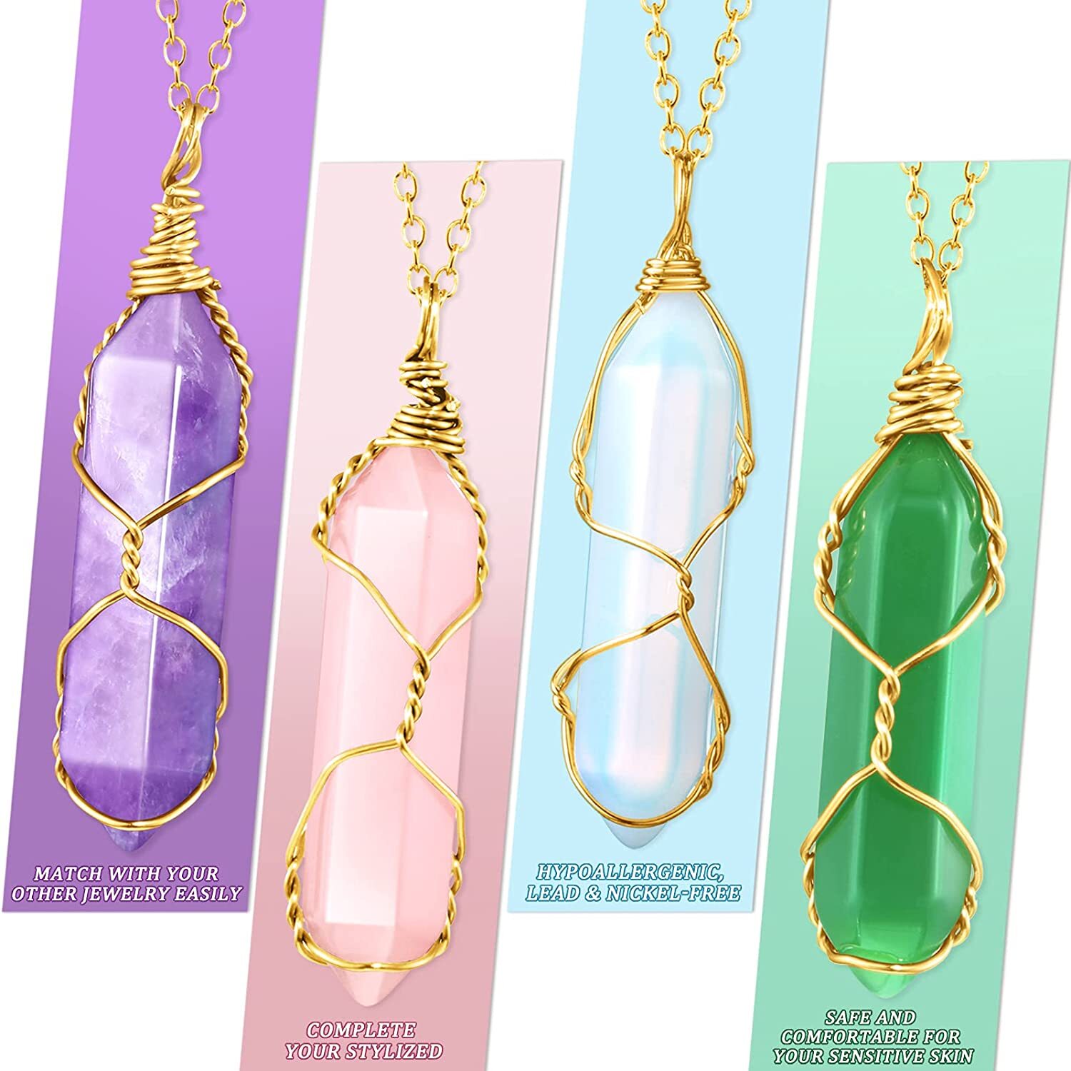 5 Pieces Crystal Necklaces, Healing Stones Spiritual Pendant for Women Girl Gift