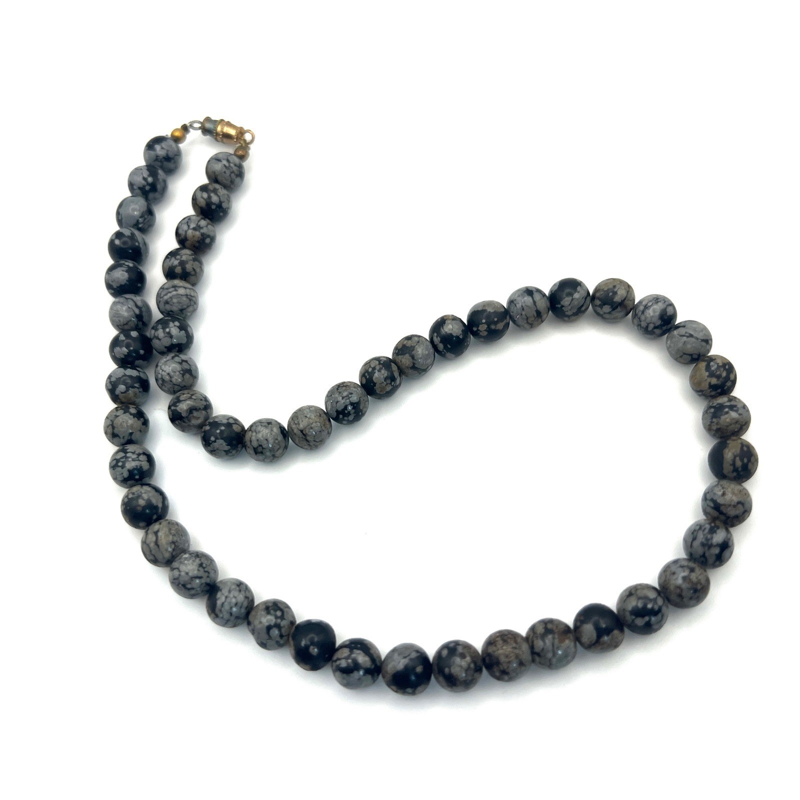 Snowflake Obsidian Beaded Necklace Black Grey Natural Stone 16 Inch Gold Clasp