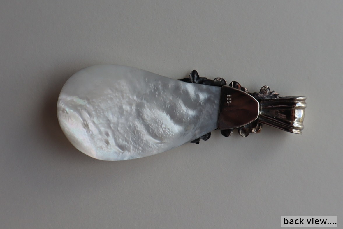 .925 Sterling Silver MOTHER OF PEARL mop LARGE teardrop flower PENDANT 3″ long