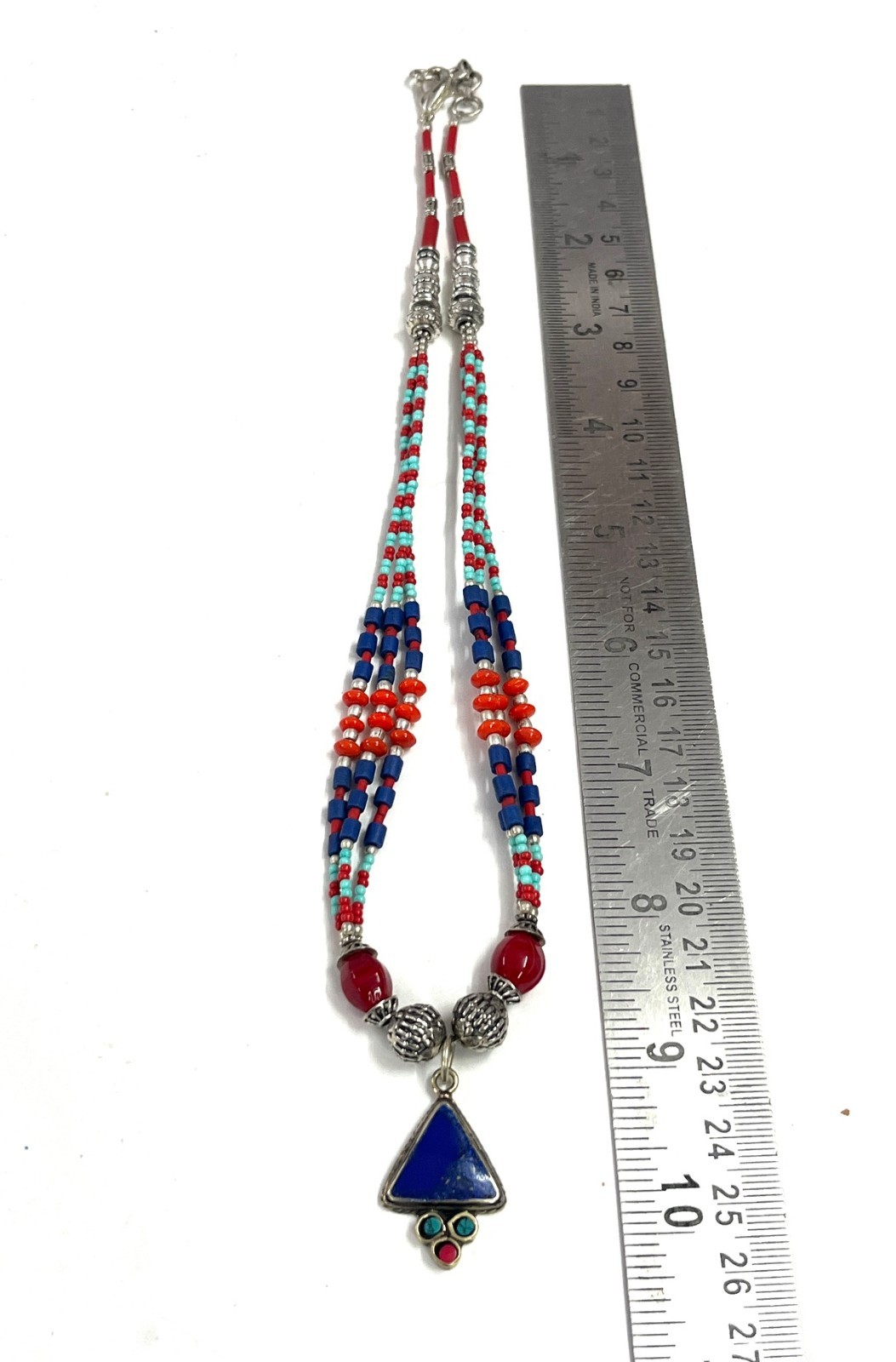 Antique Lapis Red Coral Gemstone Tibetan Bohemian Necklace Jewelry, 18 inch Adju