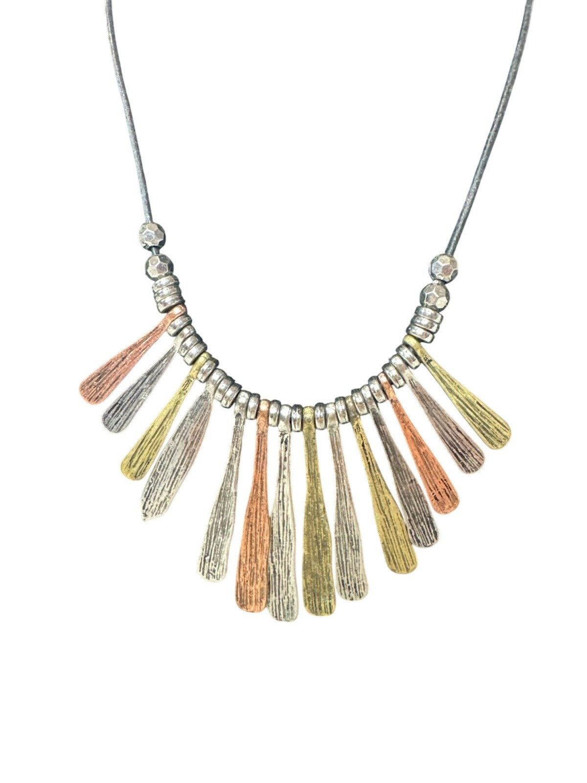 Tri-Tone Metal Pendant Necklace With Adjustable Black Cord Boho Tribal