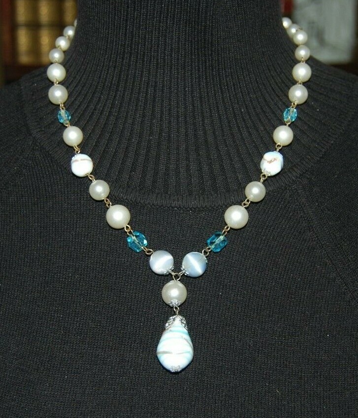 Vtg MCM Japan Light Blue Acrylic Beads And Venetian Style Glass Beads Necklace