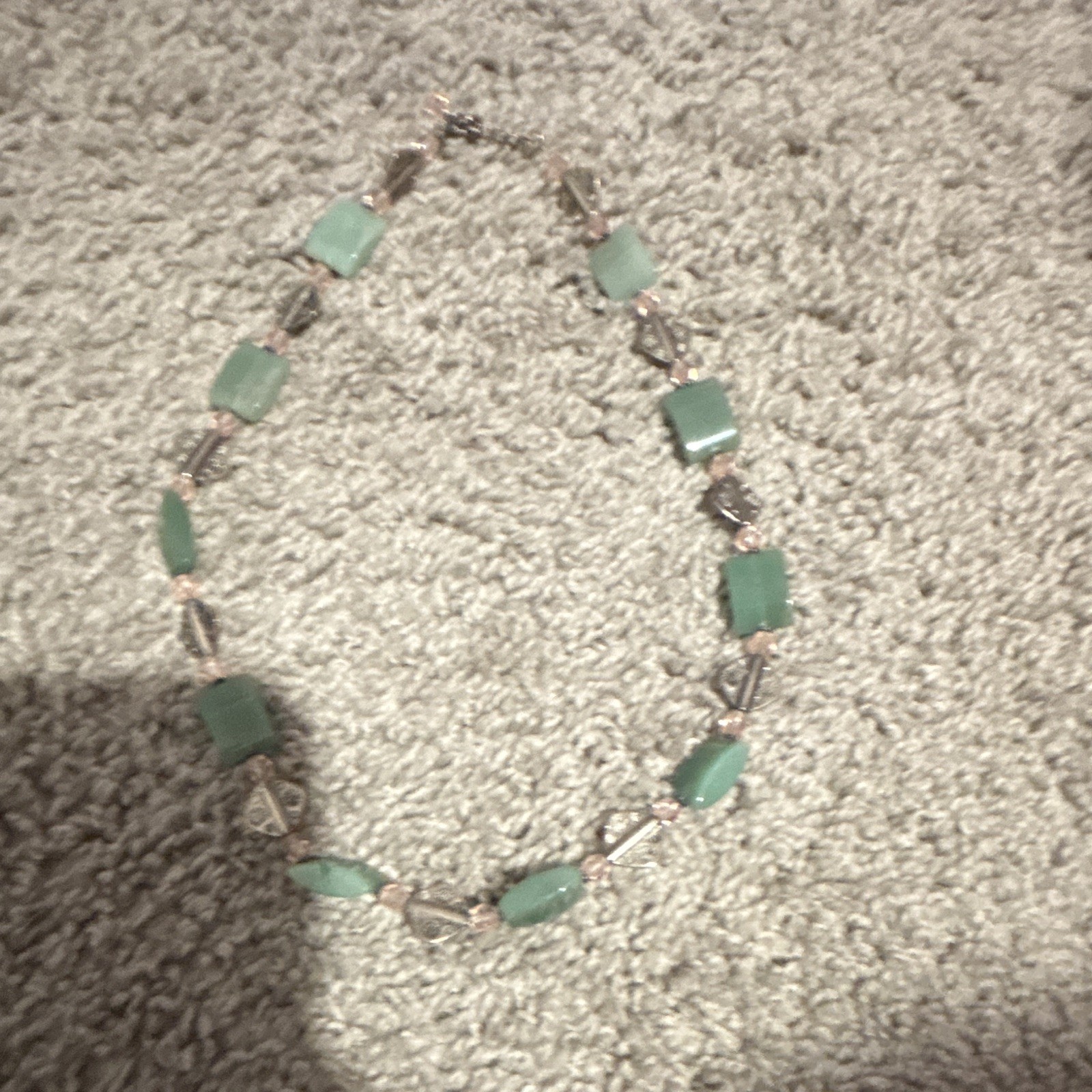 Green Rectangular Stone Beaded Silver-Tone Link Necklace, Crystal Accents