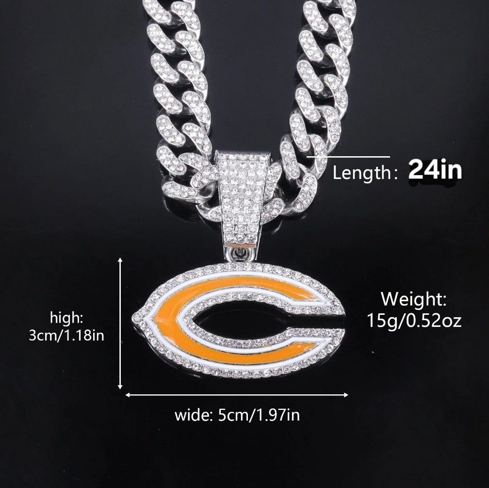 CHICAGO BEARS GEM NECKLACE SILVER BLING NFL Football Pendant & 24″ Chain