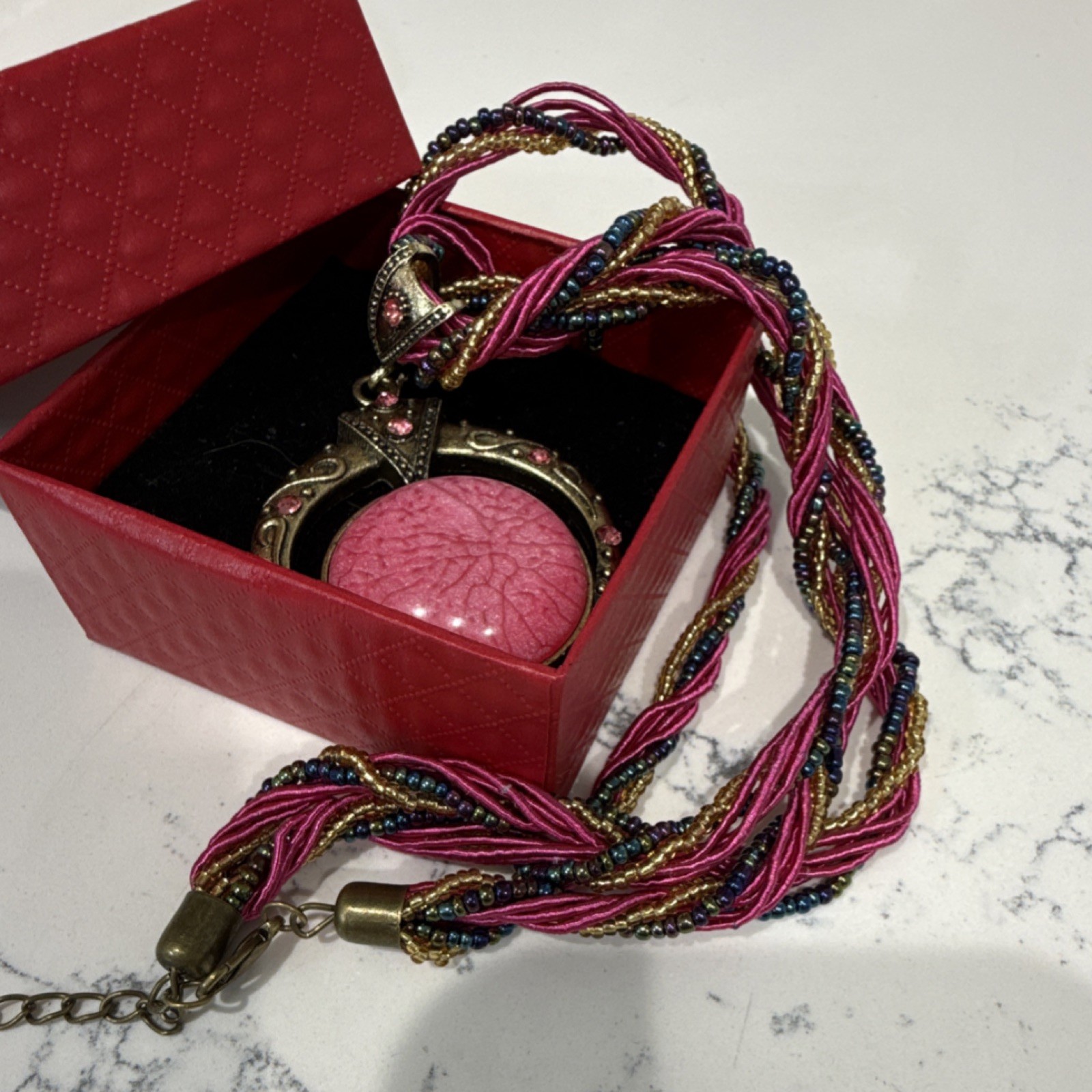 Multicolor Braided Necklace with Pink Round Pendant and Gold, 18 in