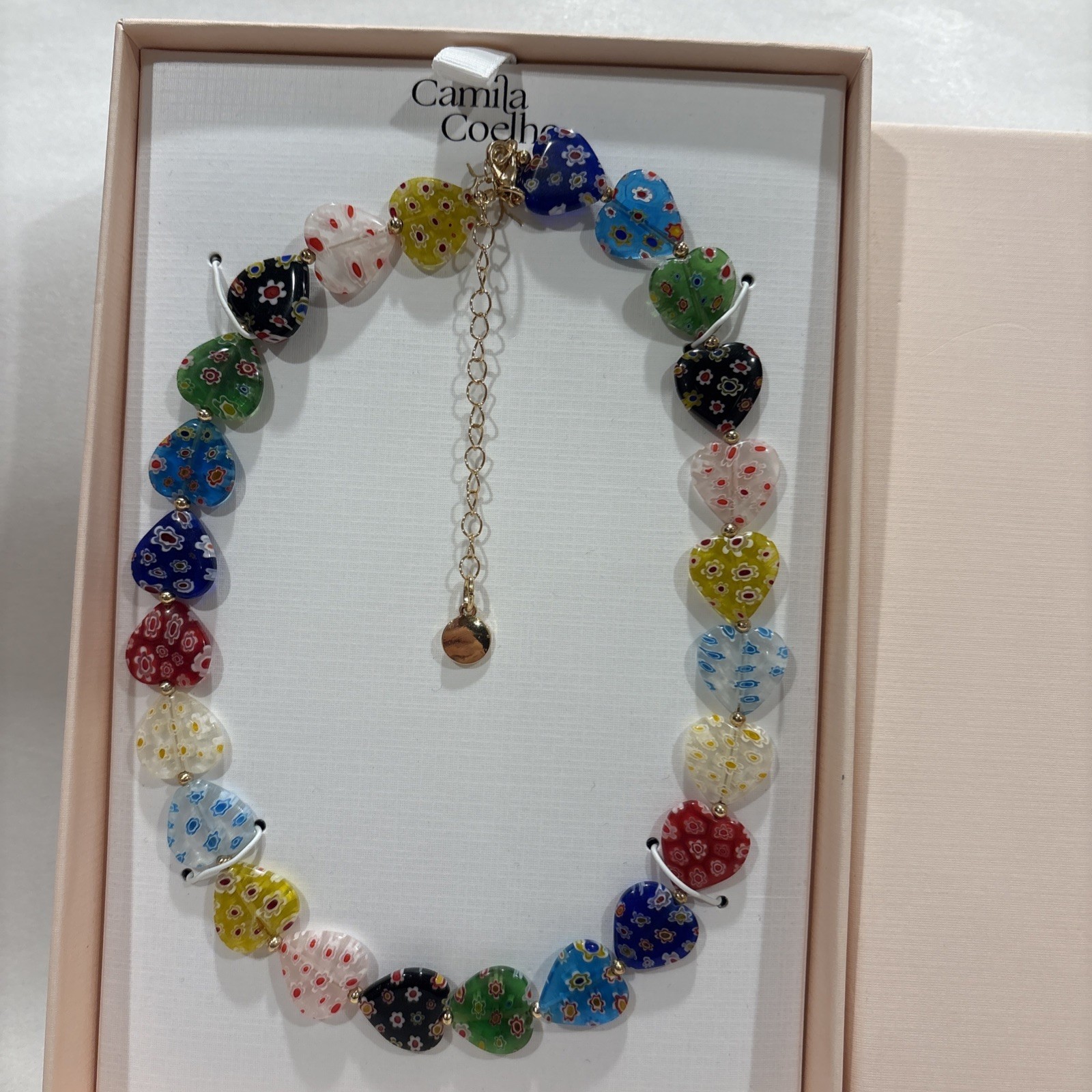CAMILA COELHO Women Necklace Multicolor Millefiori Beaded Heart Glass 17”