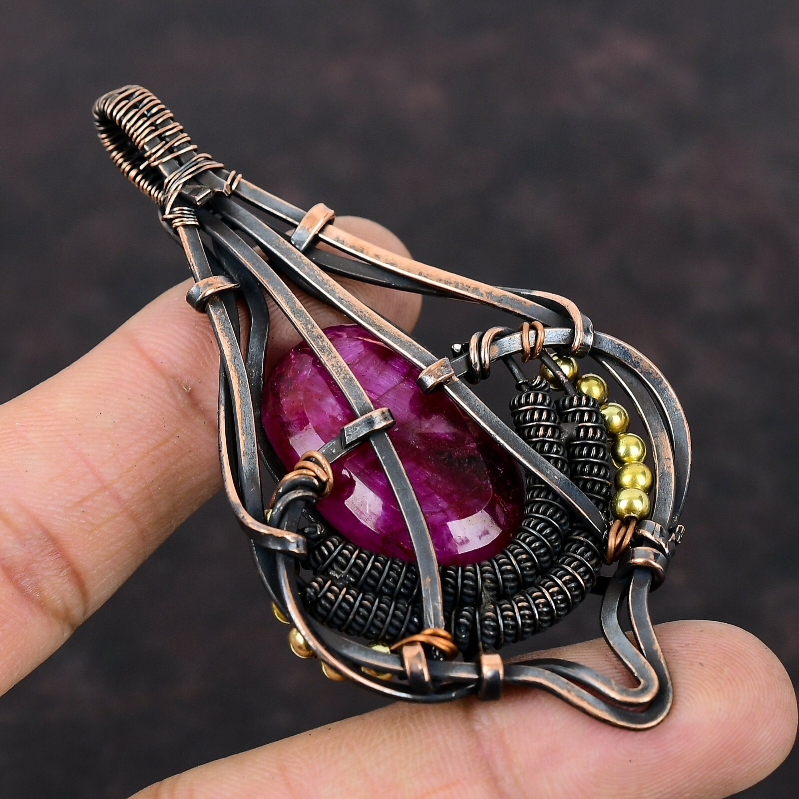 Womens day Sale Faceted Kashmir Rubi Stone Copper Wire Wrapped Wedding Pendant