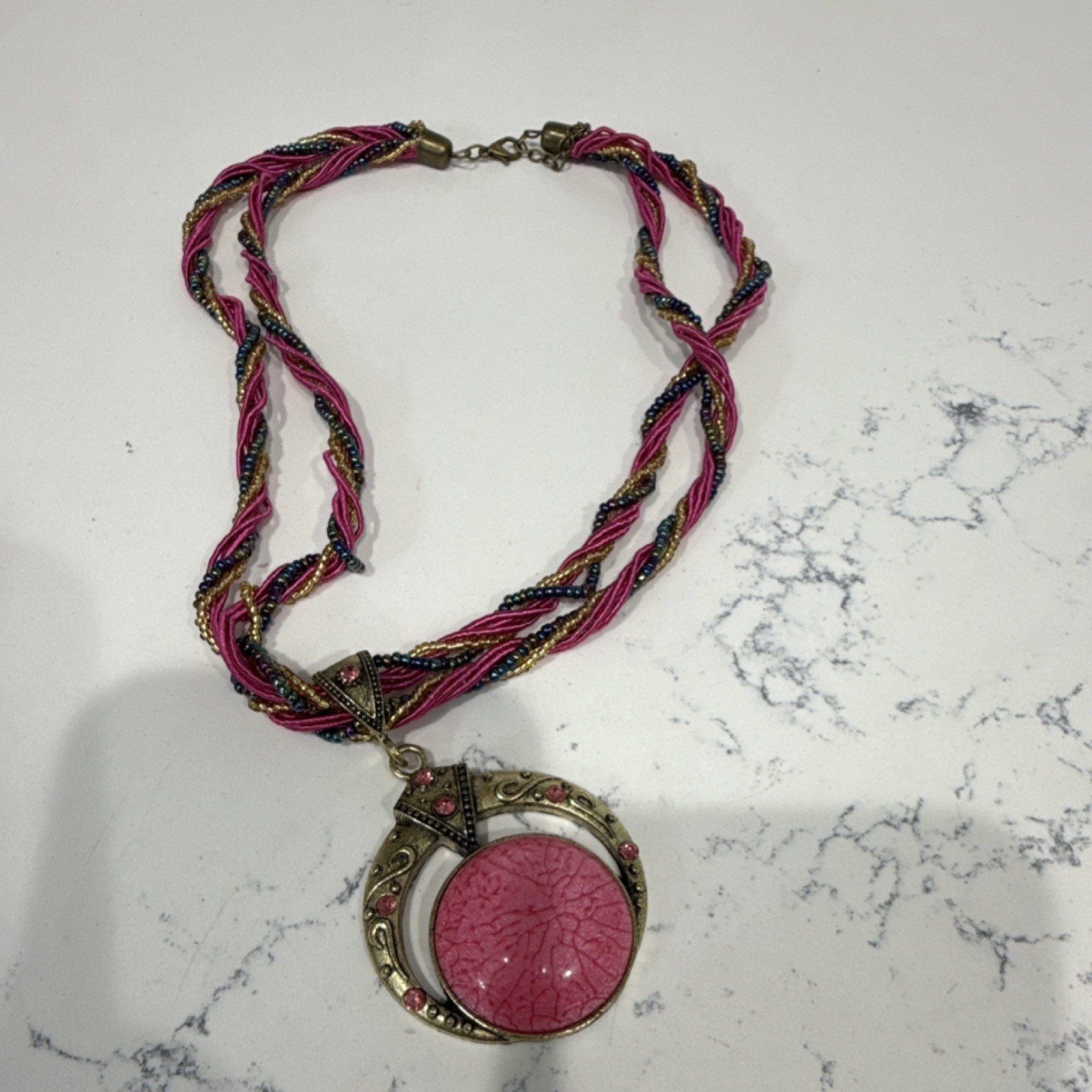 Multicolor Braided Necklace with Pink Round Pendant and Gold, 18 in