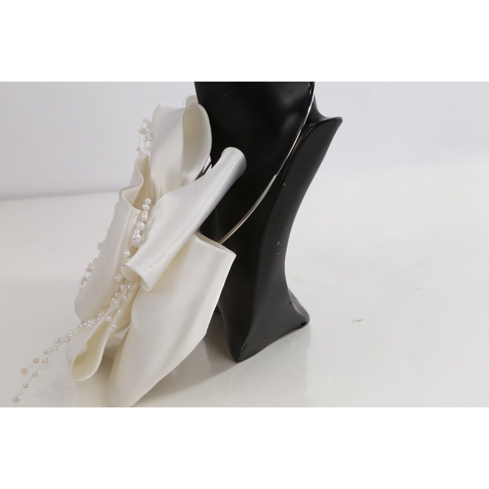 Vintage White Satin Silk Bow Pearl Choker Beaded Ribbon Necklace Bridal Gift