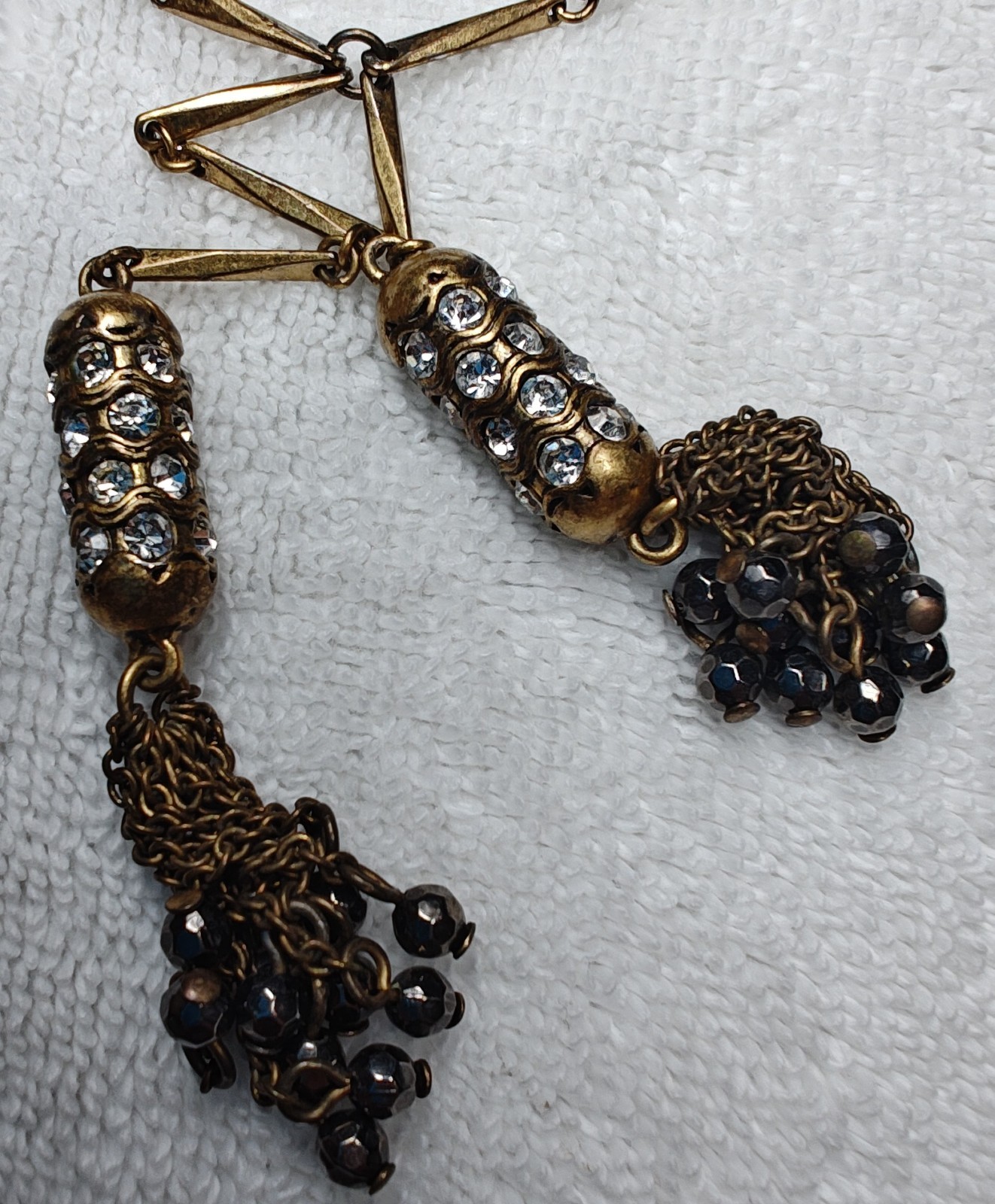 J Crew Brass Link Chain Necklace Clear Crystal Tassel Necklace