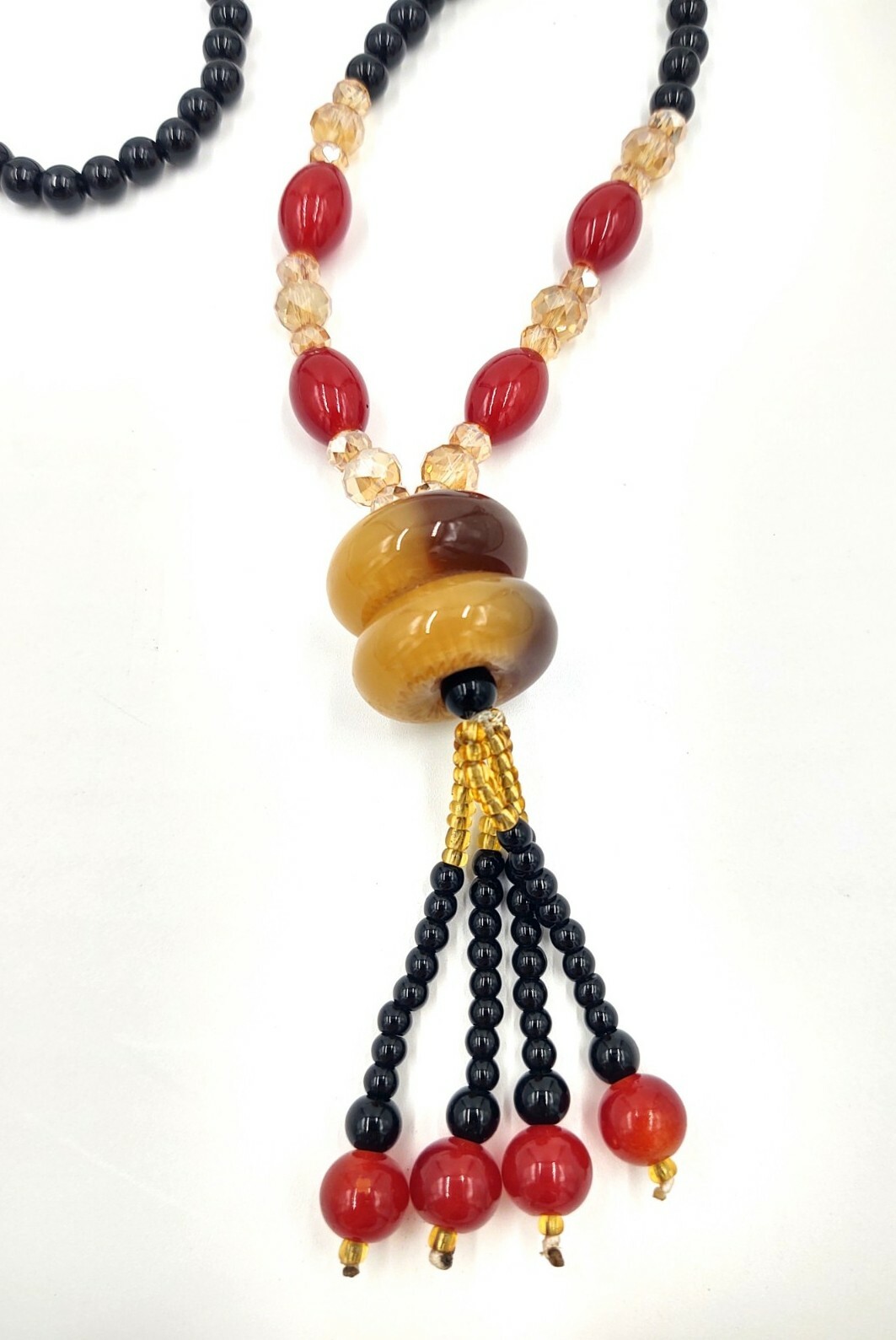 Glass Bead Crystal Stone Tassel Necklace Red Black 17.5″