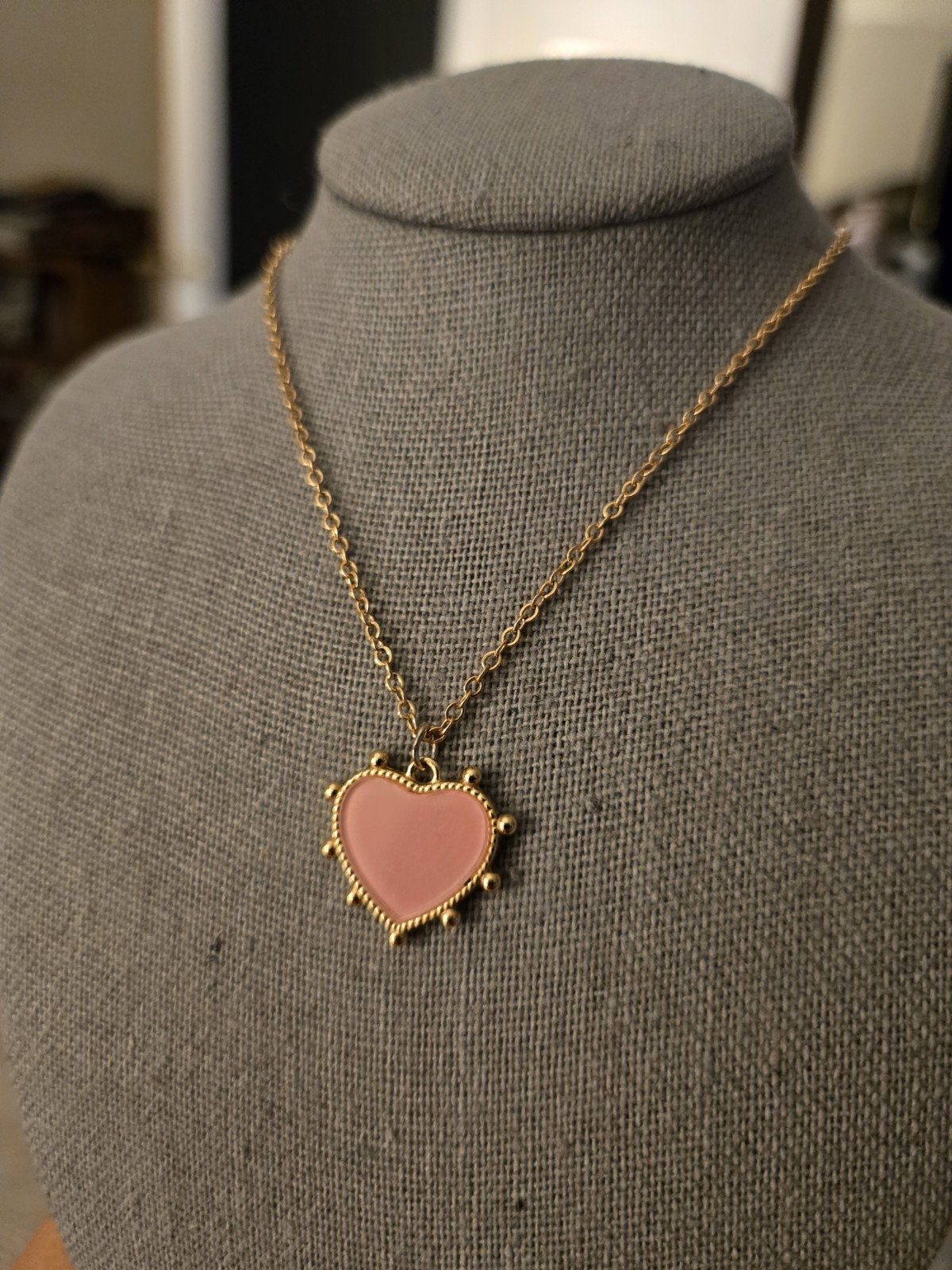 Gold Tone Pink Heart Charm Pendant Necklace, Cable Chain, No Stone