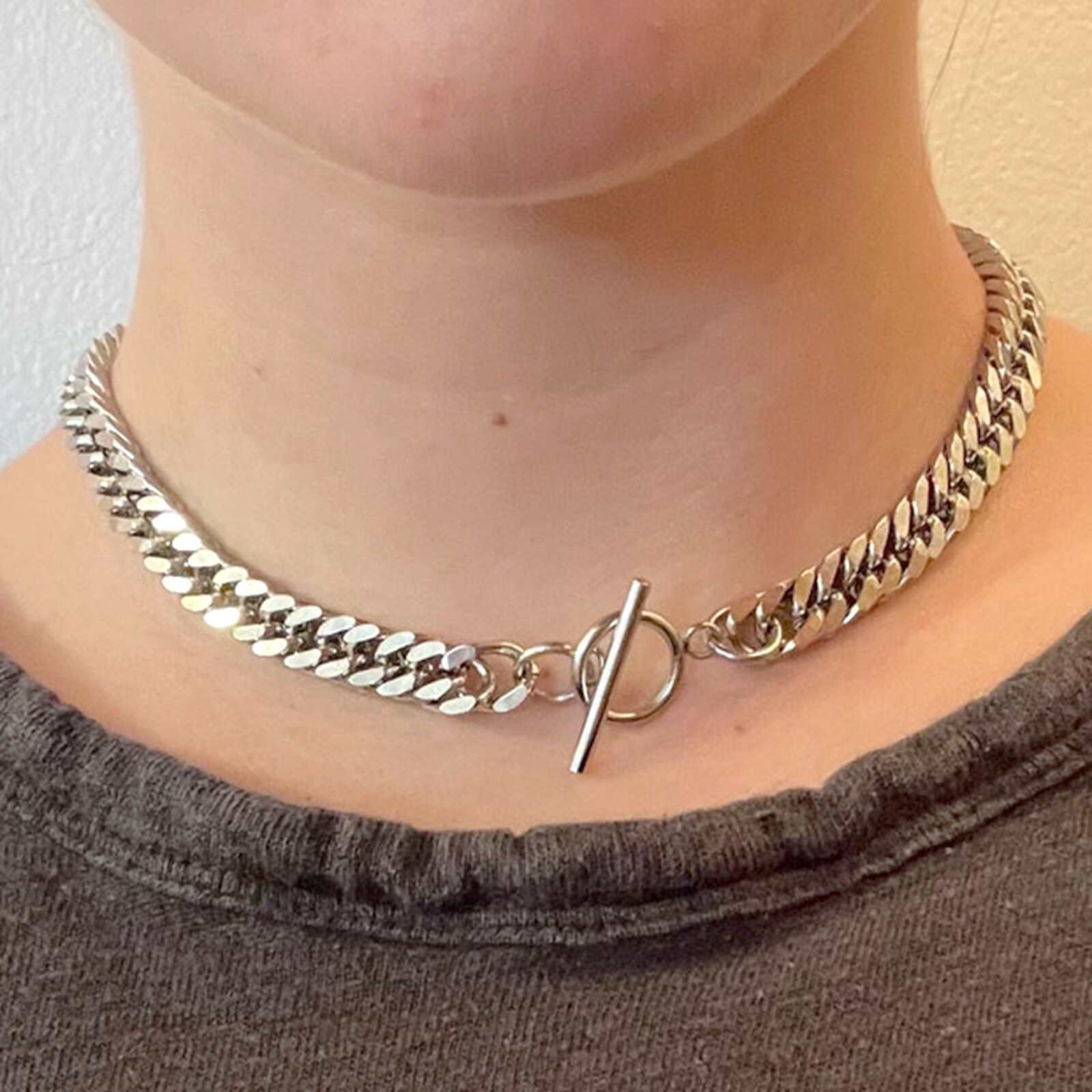 Toggle S.Steel Curb Chain Choker Silver Necklace Non Tarnish Hypoallergenic