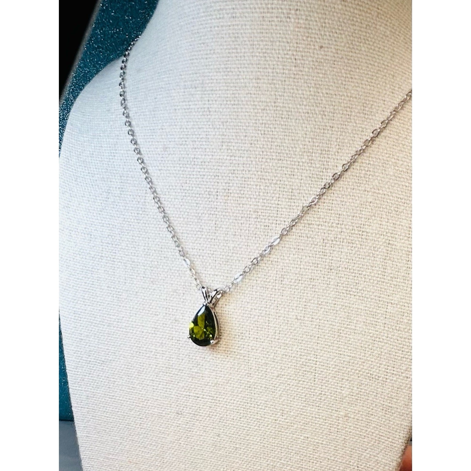 Pear Teardrop Shape Emerald Olive Green Lab Created Gem Necklace