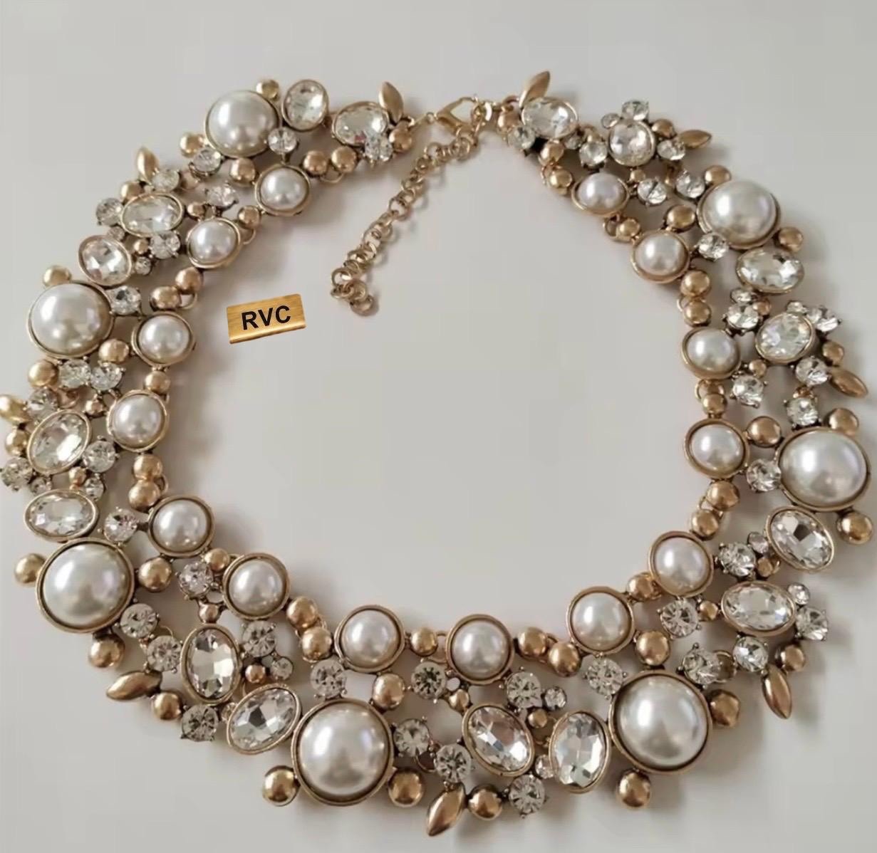 Vintage Style Faux Pearl Crystal Statement Bib Necklace & Earrings Set Women