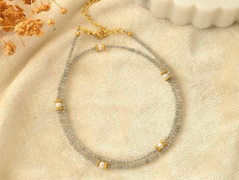 Blue Labradorite & Pearl Faceted Round Gemstone Beads Gold Plated Necklaces 18”
