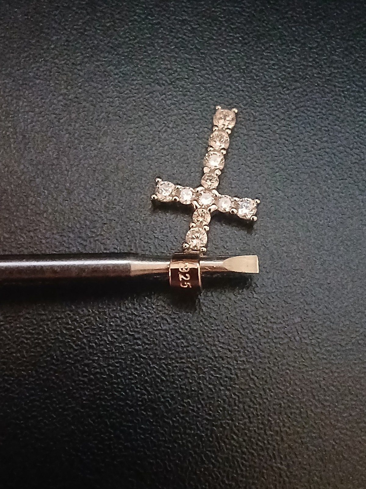 925 Sterling Silver Cross Charm Pendant w/ White/Colorless Round Stones, Signed.