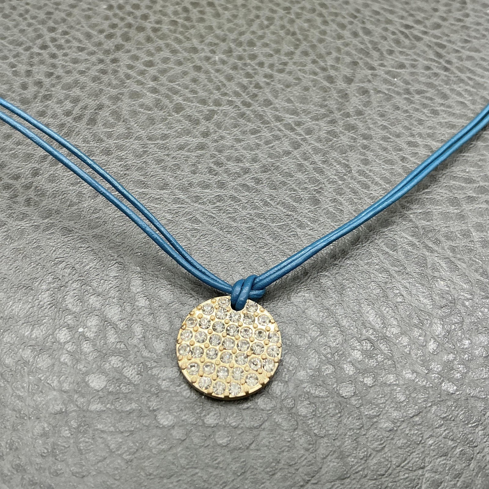 Lia Sophia Necklace Blue Faux Leather Crystal Disc Pendant Choker 16 In Womens