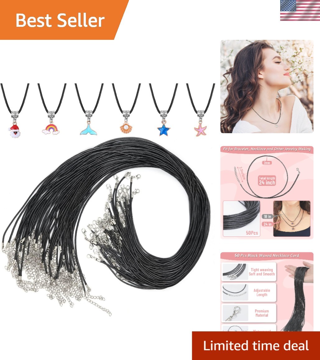50 Pcs Black Waxed Cotton Cord Necklace String Rope with Clasp for Jewelry Ma…