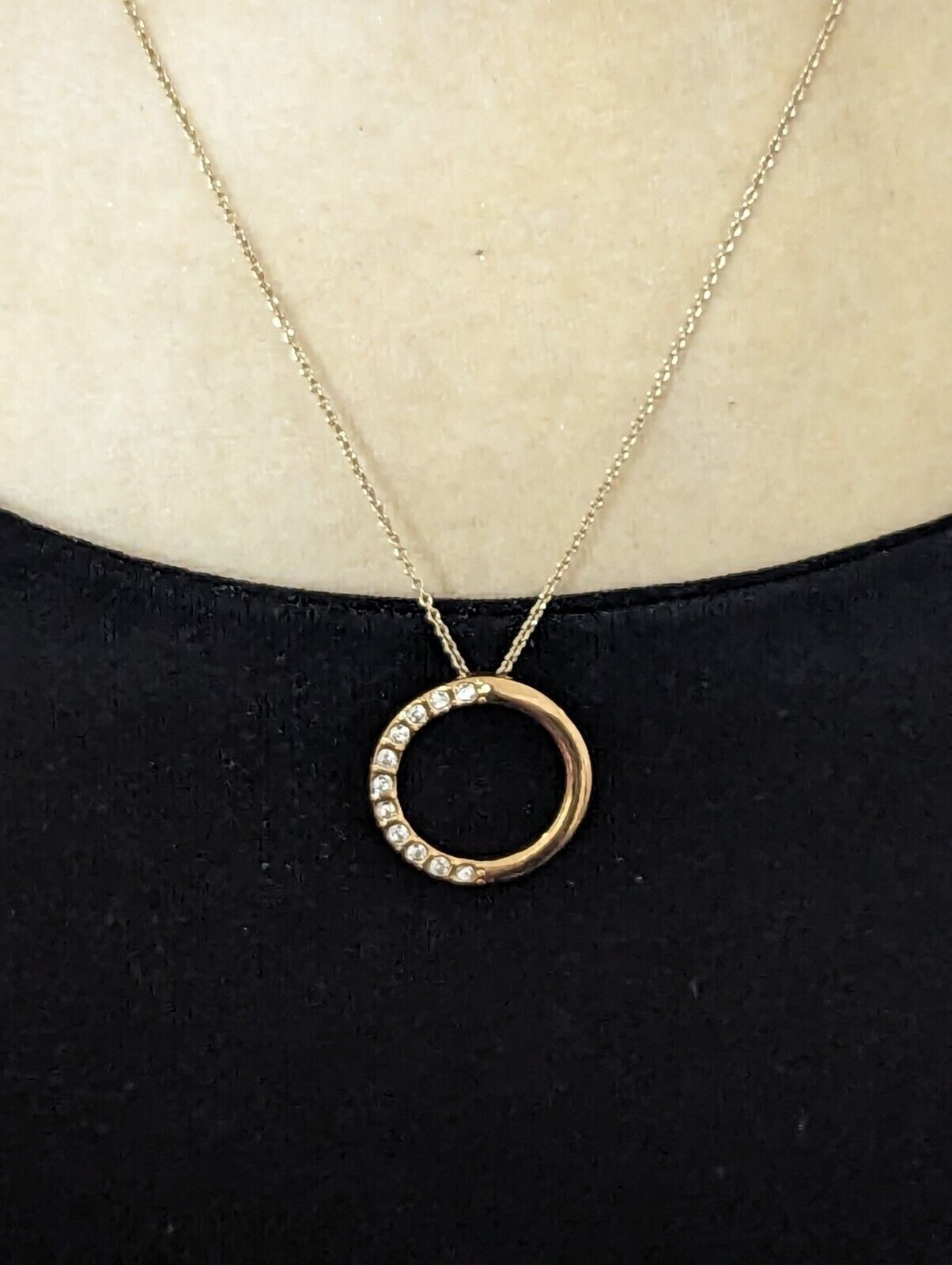 Gold Tone Rhinestone Open Circle Hoop Pendant Necklace 18″