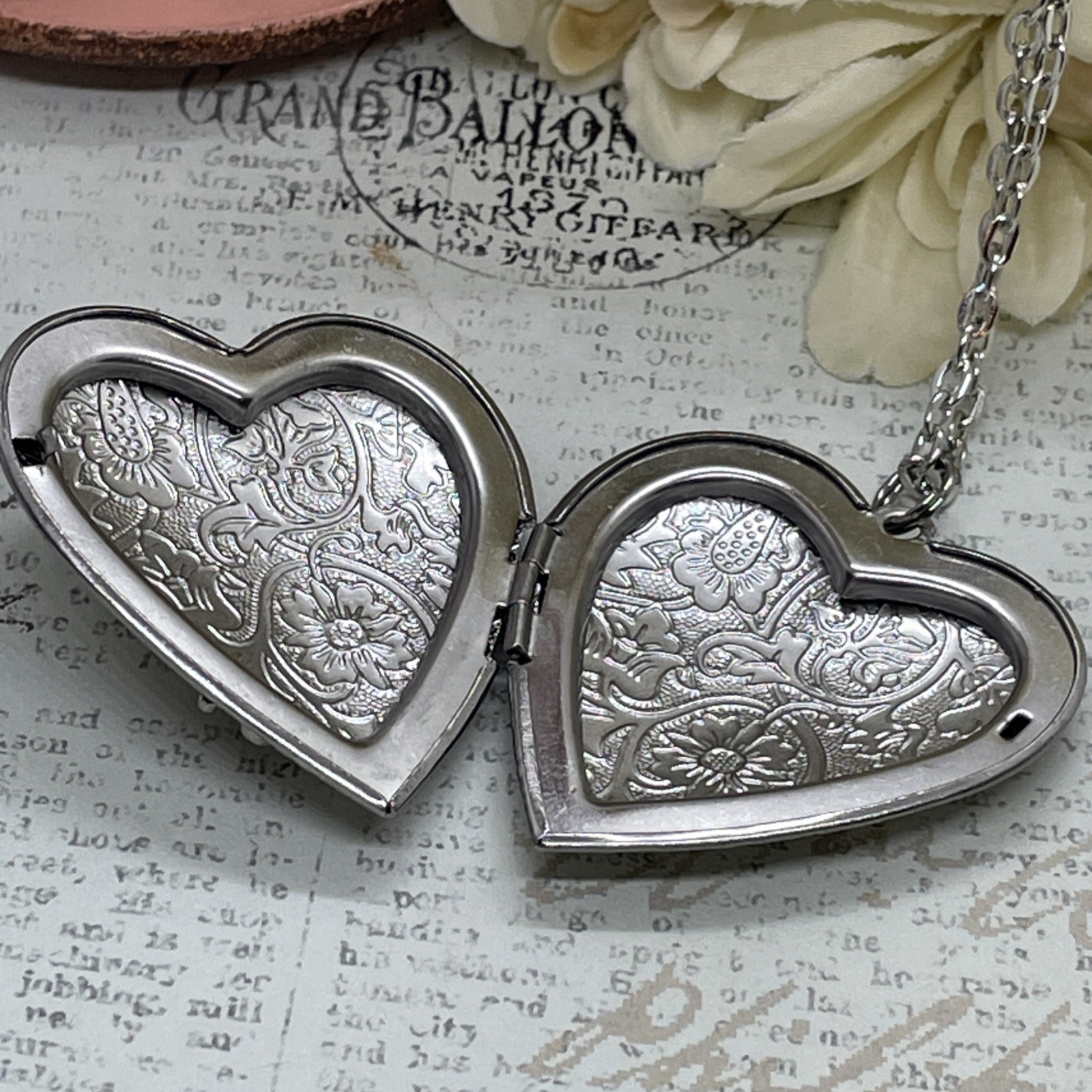 Heart Silver Black Red Locket Rose Gothic Necklace Photo Bride bridal wedding